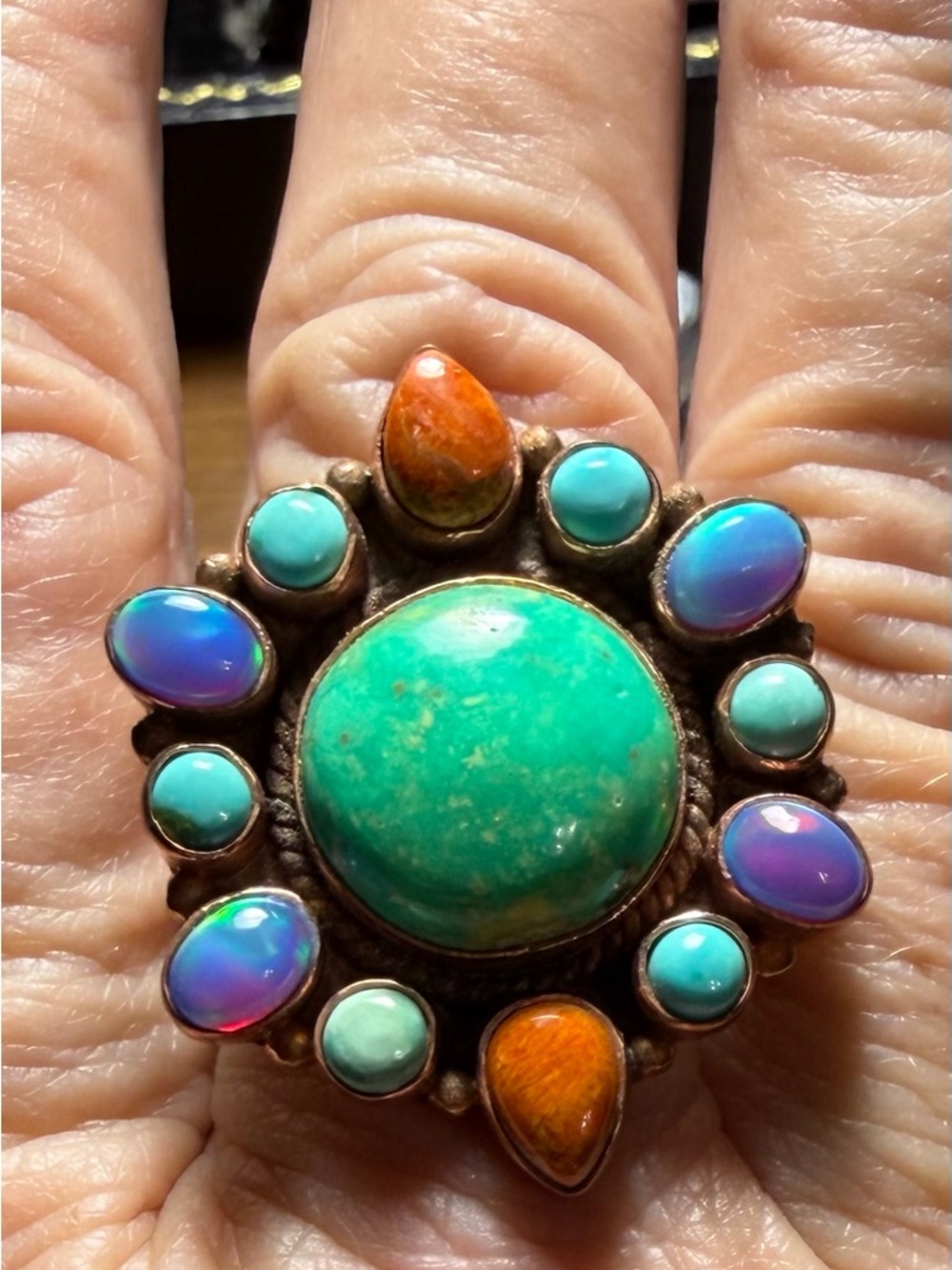Copper Turquoise & Opal Statement Ring | Adjustable | Boho Western